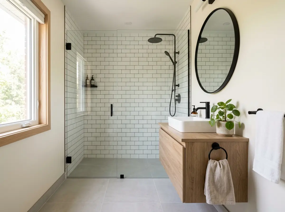 Mid-range modern Toronto bathroom with subway tiles